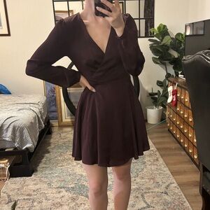 Maroon Burgundy express v neck wrap mini dress long sleeve skater skirt